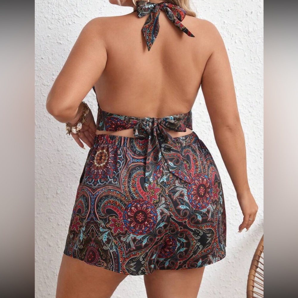 Boho floral paisley print knot front top and shorts set - Picture 5 of 9